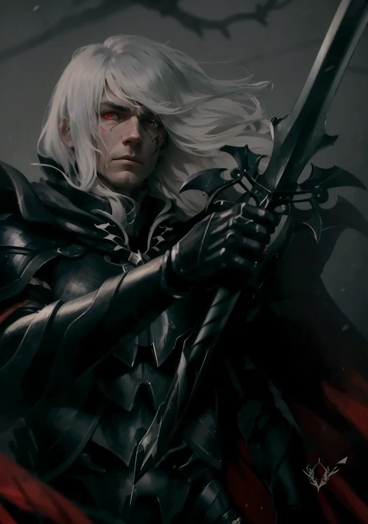 white haired man, wearing black armor, red eyes, ((red mark on cheek, bow and arrows))
