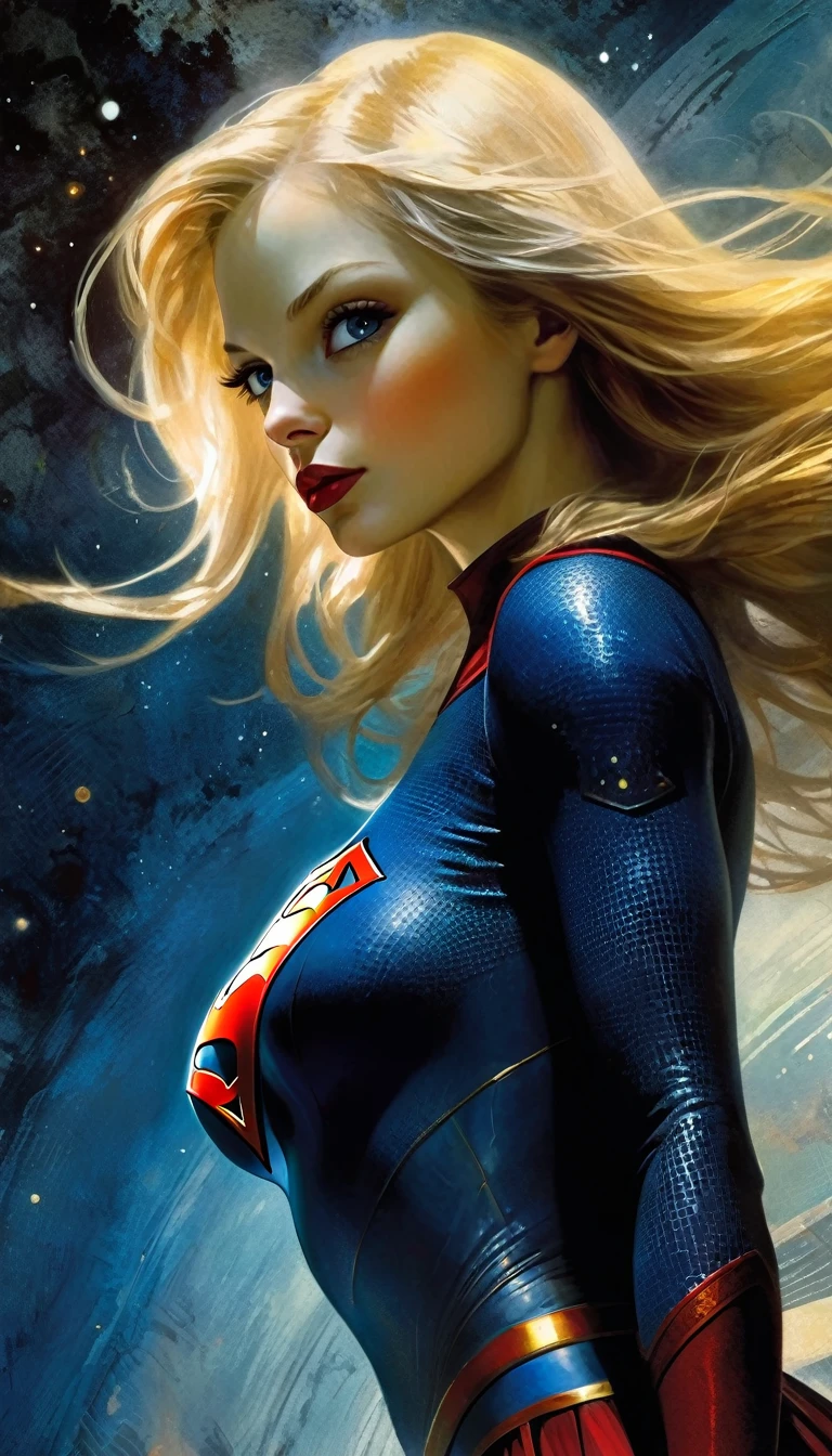 (Supergirl amazingly flies through outer space), miniskirt, full suit, perfect ass, galaxies all around you. dynamic pose ((she has blonde hair, she has long hair)), perfect ass (best quality, 4k, 8k, high resolution, masterpiece: 1.2), ultra detailed, (realistic, photorealistic, photorealistic: 1.37), intricate details, vivid colors, sharp focus, professional, artwork by Dave McKean, surrealism touch oil, oil painting style, portrait, woman, beautiful detailed eyes, beautiful detailed lips, dreamy atmosphere, shadow play, soft lighting, fun pose, dark tones, ethereal background, fantasy elements, texture, layered composition ,, art inspired by Bill Sienkiewicz and Dave McKean