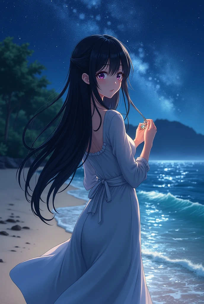 (masterpiece,Highest quality,,8k,High resolution),One female,(Beautiful Face,Beautiful Face)Beautiful eyes,Beautiful lips,,Black Hair,look back,(Anime Girl)、flower,Sandy beach with a view of the forest,A bright night with stars visible,Mysterious、非常にMysterious、jewelry,Holding,Long sleeve,necklace,Long Hair,dress,(whole body),Highly detailed anime art,A complete portrayal、