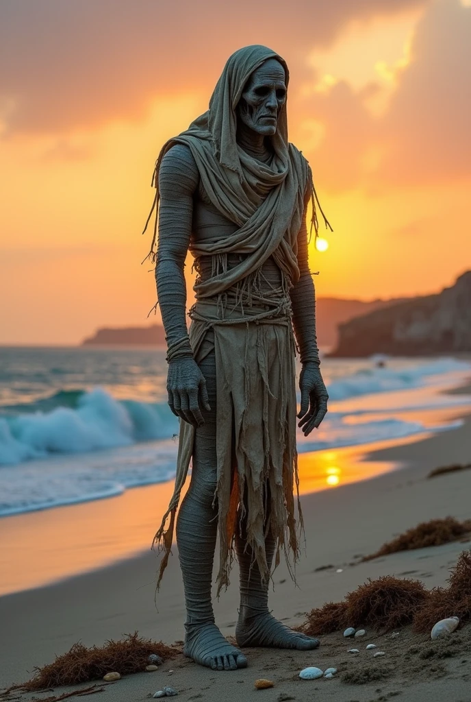 NSFW (male rotting Egyptian mummy with big penis) full body, standing on a deserted beach