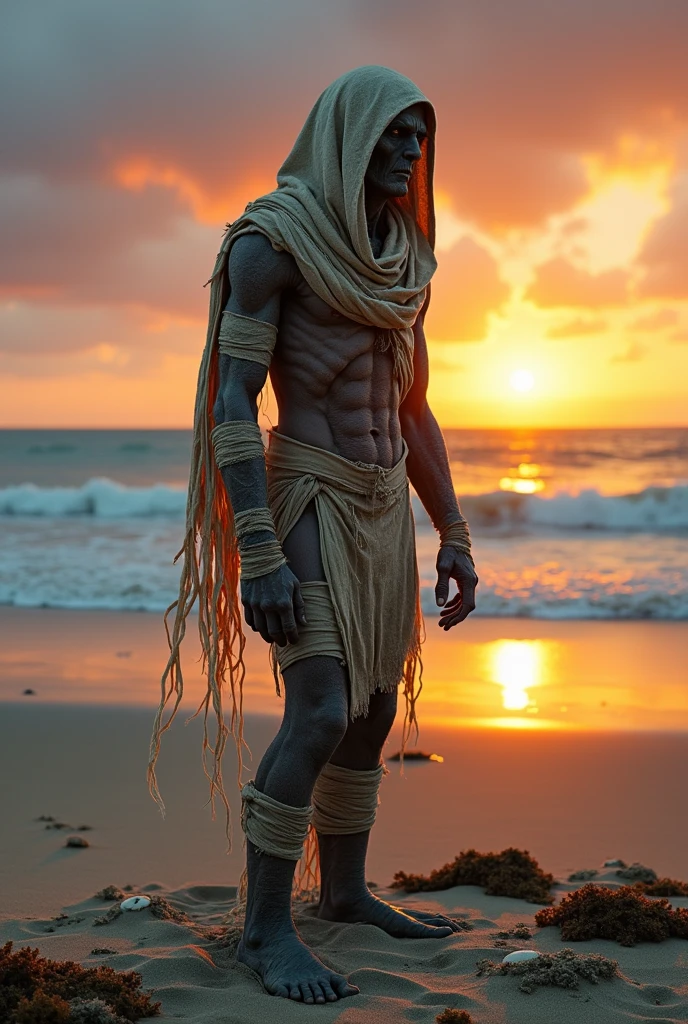 NSFW (male rotting Egyptian mummy with big penis) full body, standing on a deserted beach