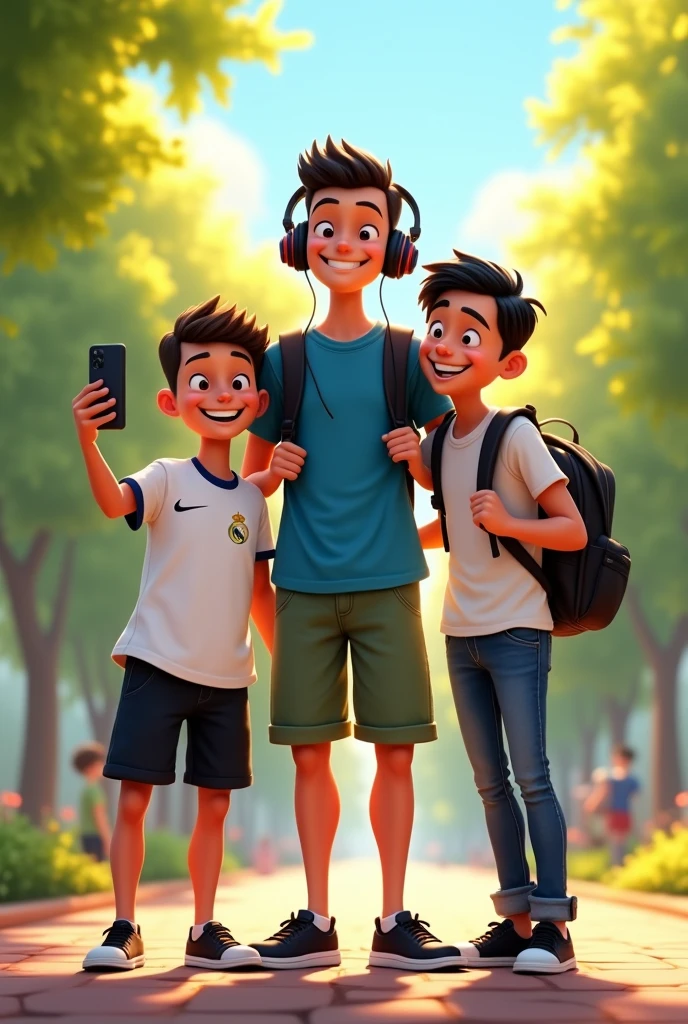 LnF desenho com estilo da Disney Pixar. three friends, all men, black, teenagers. LnF, the lowest, veste uma white shirt do Real Madrid, black denim shorts and black shoes with cell phone in hand, he has very short hair. lain, the tallest of the three, wear a blue shirt, green shorts and slippers, headphones and short black hair. The last, is the intermediate of heights, wear more formal clothes, white shirt, jeans and black shoes, backpack on the back and gradient hair. They are all looking forward