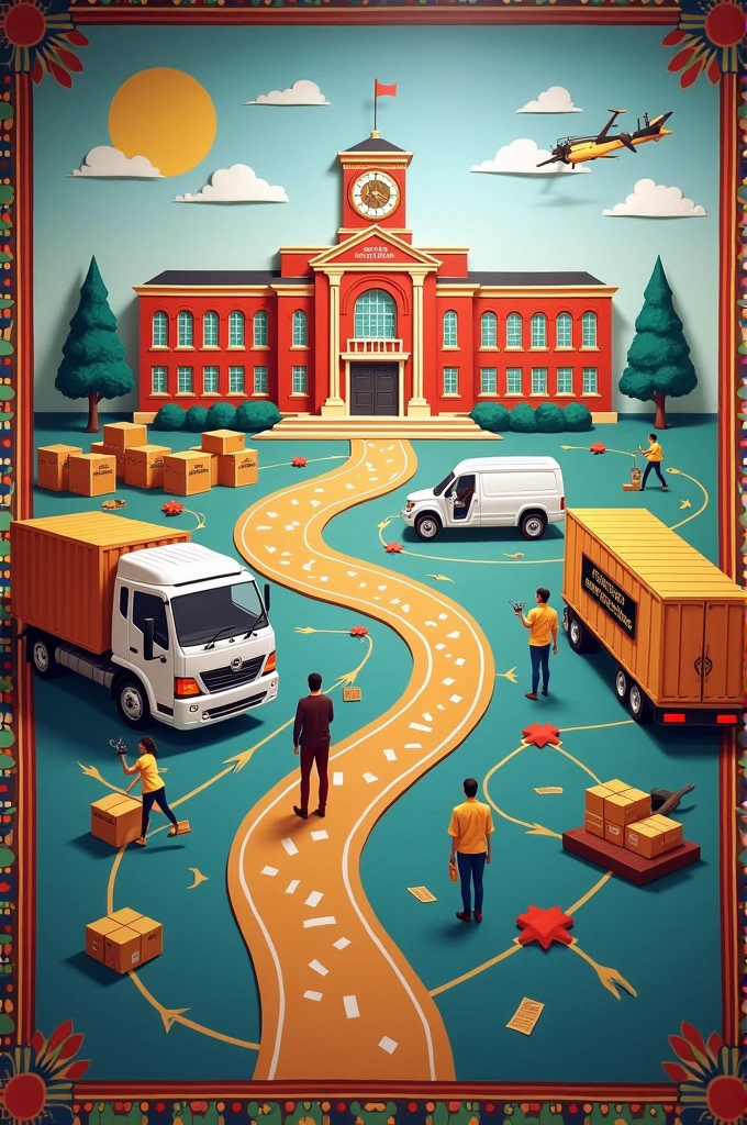 For a mural in a commercial high school representing the three specialties (accounting, Logistics y Human Resources), You could consider a design that integrates visual elements from each area, with a focus on the history and legacy of the high school, Founded in 1964. Here I leave you a description:

### **Mural Description**

1. **Historical and Symbolic Background:**
   - **Lyceum building:** At the center of the mural, A stylized image of the high school building could be represented, with a commemorative plaque that says "Founded in 1964". This will serve as the visual anchor, symbolizing the tradition and educational commitment of the institution.
   - **an antique clock:** A clock that strikes 7:30 AM, symbolizing the beginning of the school day, could be in a corner of the mural, representing the passage of time and the development of the three specialties over the decades.

2. **Specialties:**
   - **accounting:**
     - An old and modern calculator can be illustrated, financial balance sheets, and graphs showing financial evolution. A figure representing an accountant, surrounded by books and records, can highlight the importance of this discipline.
   - **Logistics:**
     - A warehouse with stacked boxes, A cargo truck and trade routes marked on a world map, can symbolize logistics. You could include a character managing an inventory management system, Showing how technology integrates with modern logistics.
   - **Human Resources:**
     - A figure representing a human resources professional, conducting an interview or training a group of employees. There could be images of documents such as contracts and performance evaluation forms., surrounded by icons that represent diversity, Leadership and teamwork.

3. **Interconnection:**
   - Between each specialty, Lines or paths could connect the three areas, symbolizing the interdependence between accounting, log