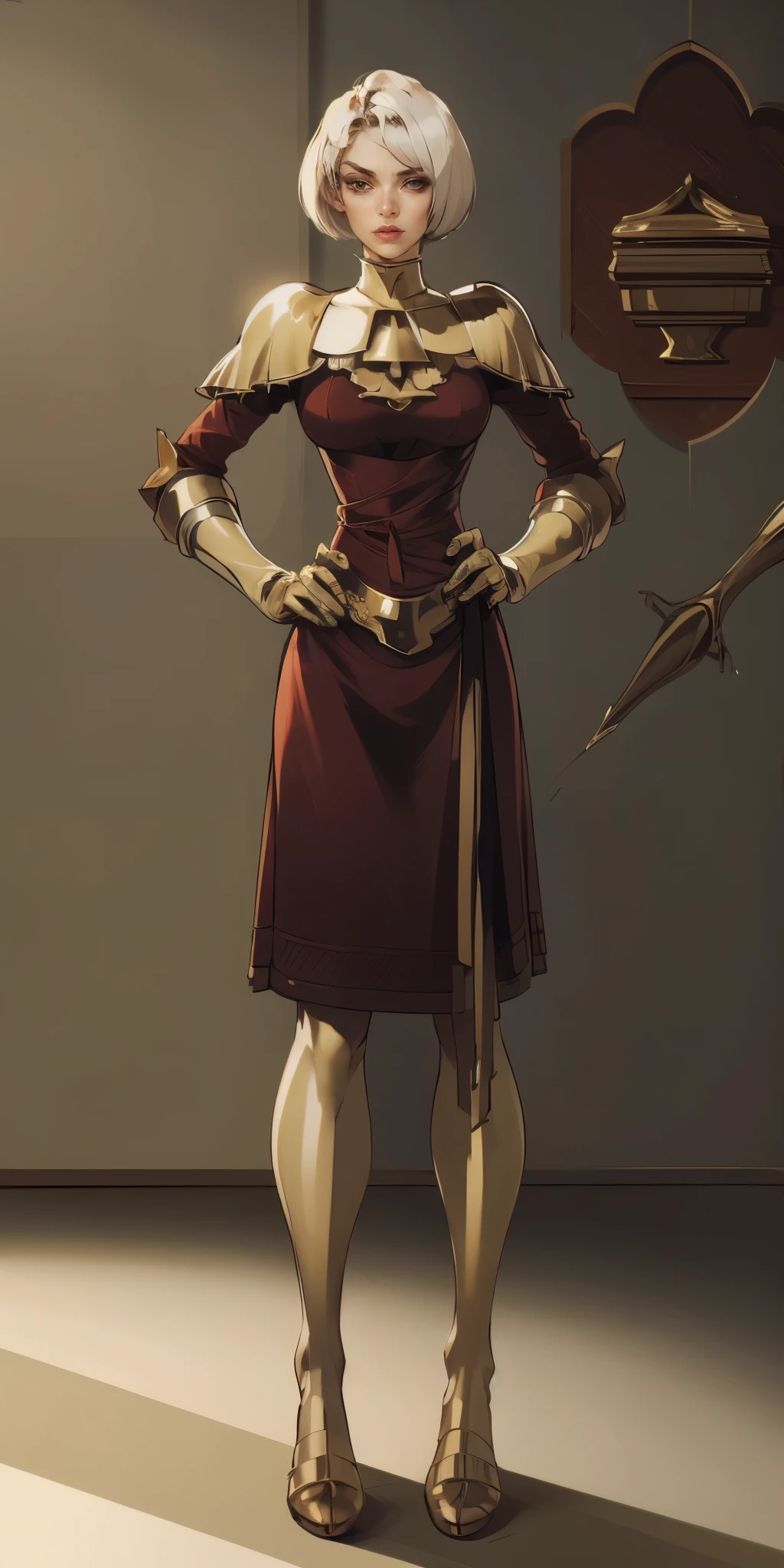 masterpiece, best quality, high quality, pale white short bob haircut, red eyes, golden ornaments (1solofemale full body standing straight symmetrical, hands on hips)