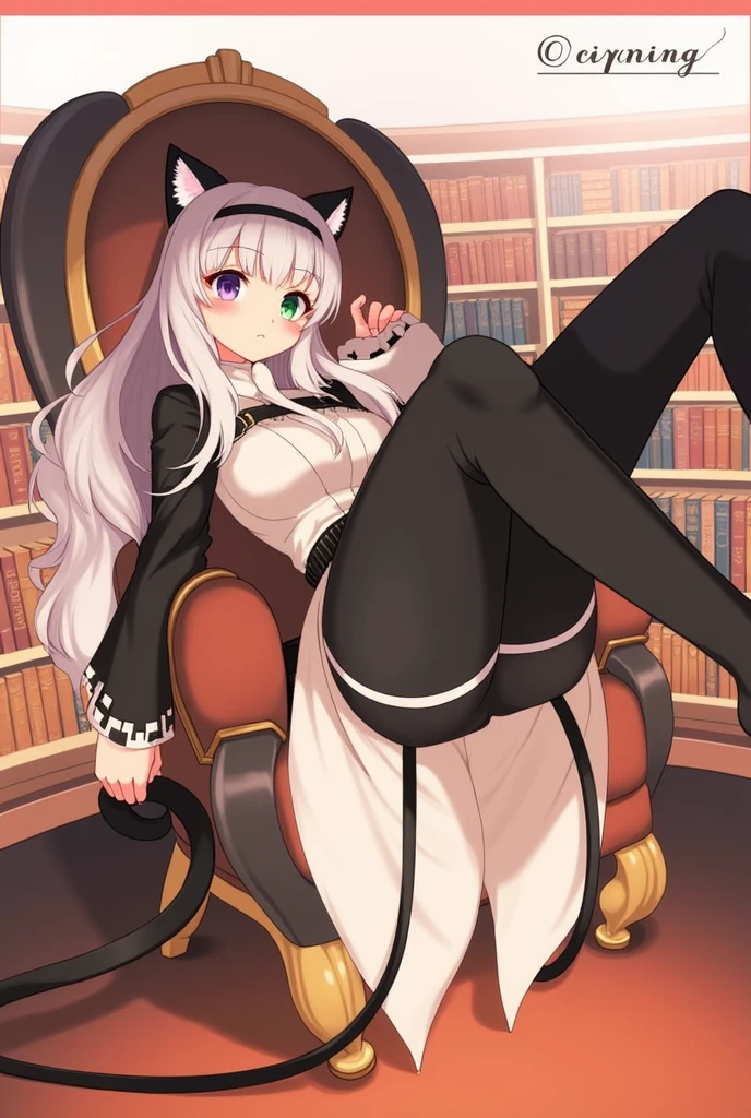 ((best quality)), ((masterpiece)), (detailed), ((highres)), In lavish manor library, extremely long white hair. Fluffy black cat ears (on head). Long black cat tail (on butt), 1catgirl, 20 year old, curvy body, naked. Heterochromatic eyes (one blue eye, one purple eye). No shoes, white leggings, nude, no clothes, anime, short, provocative, white lewd dress