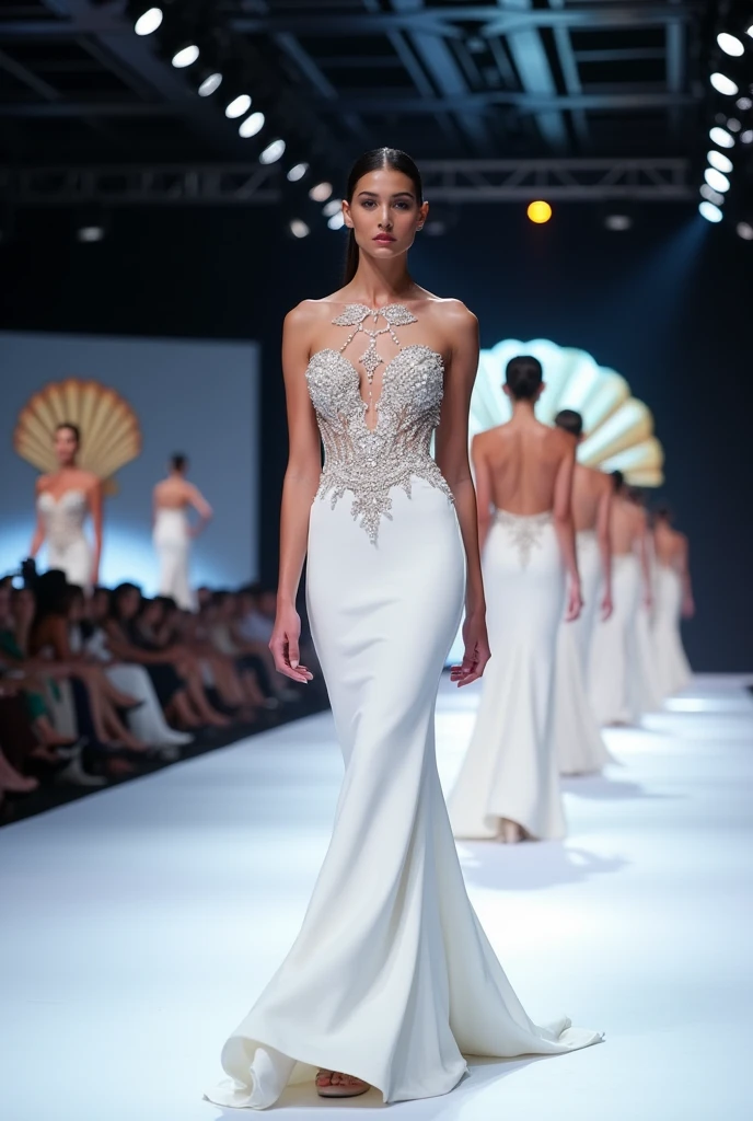 women walking on a ramp for a fashion show,wearing a dress.
dress is of glazing white colour. it's a bodycon dress but at bottom it is flary. dress not covering hand and neck.it is covering from breat.there is thread and pearl work there till stomach part.there js two big sea shell like white thing behind dress.
dress is not transparent.
and it is more flary at bottom like flowing sea.
the sea shell in back is not like this.there is only one shell but it is covering whole back