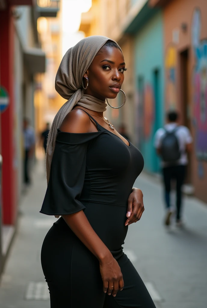 A woman with hijab in a tight dress and nipples visible