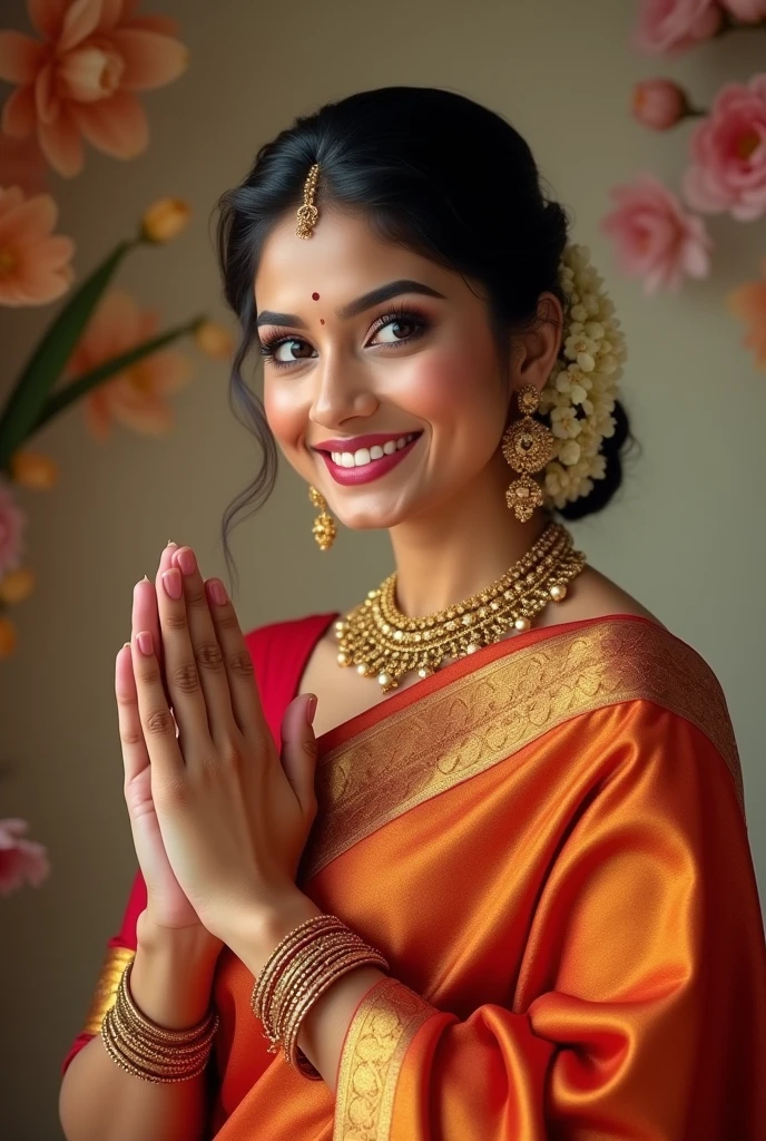 Portrait photography,Charming,smiling,Indian,female, realistic human face,white skin tone,vanakkam hand,bridal saree without scarfing