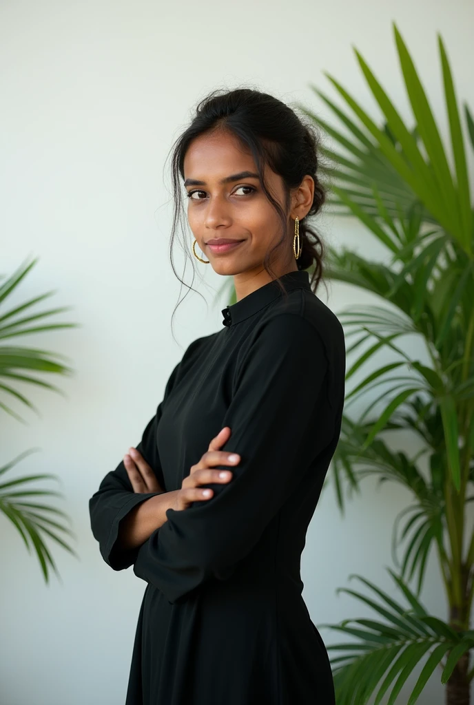 A cute 20 years old indian girl , photoshoot, model pose , rough dry face skin , sexy and hot , indian black kurta dress , full body view , white wall background with green plants