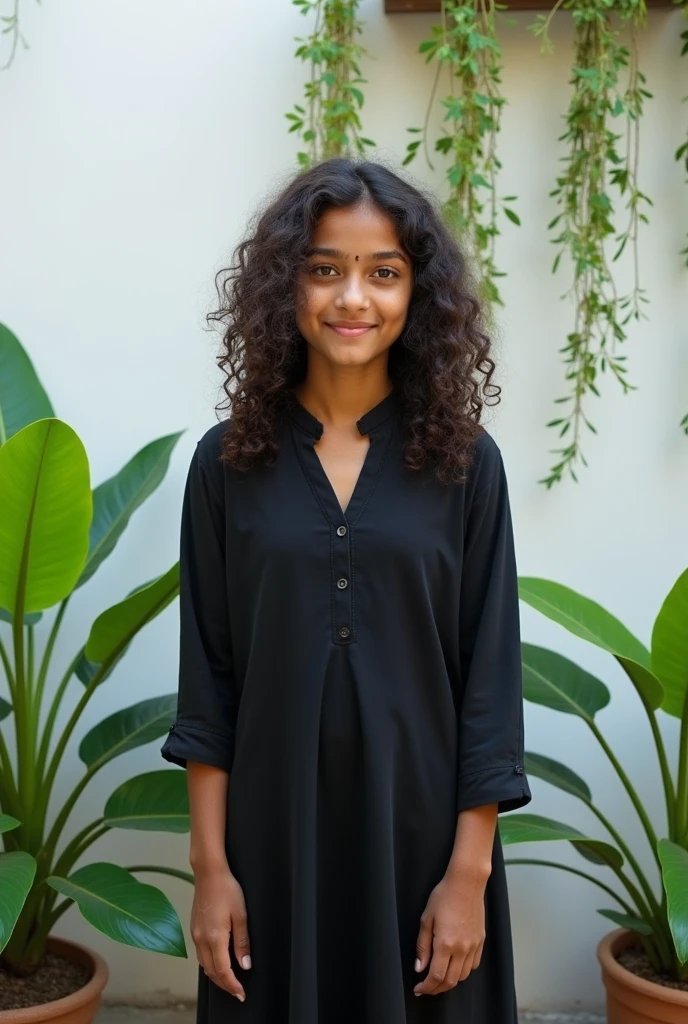 A cute 20 years old indian girl , photoshoot, model pose , rough dry face skin , sexy and hot , indian black kurta dress , full body view , white wall background with green plants 