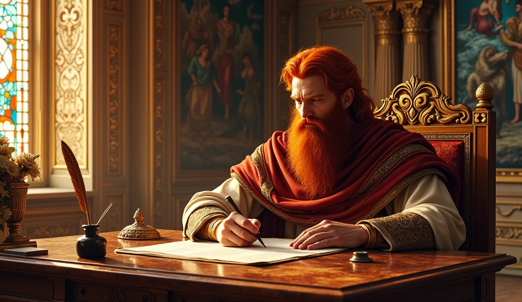 biblical history: man king David who is red-haired in his palace sending a farewell letter
