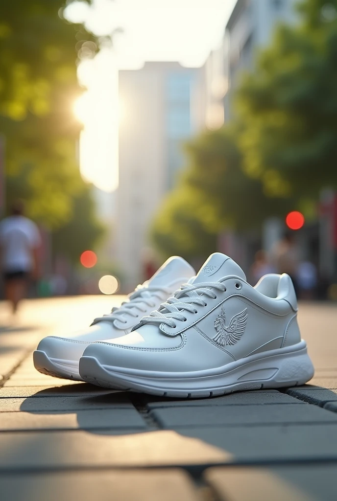 Create a casual tennis shoe all white with the logo being a phoenix 