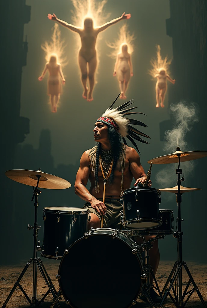 a sullen Indian smokes a peace pipe in a feather headdress plays a big rock drum kit and behind him many human souls fly into the sky, the indian looks straight ahead, drum set black two cymbals and 3 drums