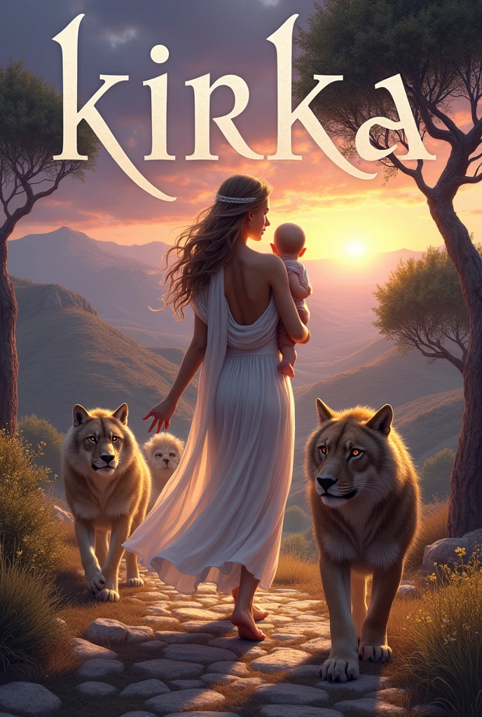 Image for book cover. For the work "Kirka". The goddess is a woman with a baby in her arms. is walking. the woman is depicted from behind.there are also wolves and lions. they are going together. animals are also depicted from behind. the surrounding landscape reflects the atmosphere of Greek mythology. Book cover design
