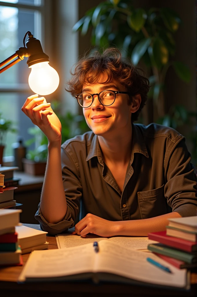Image of a person with a lightbulb moment, surrounded by books and notes.