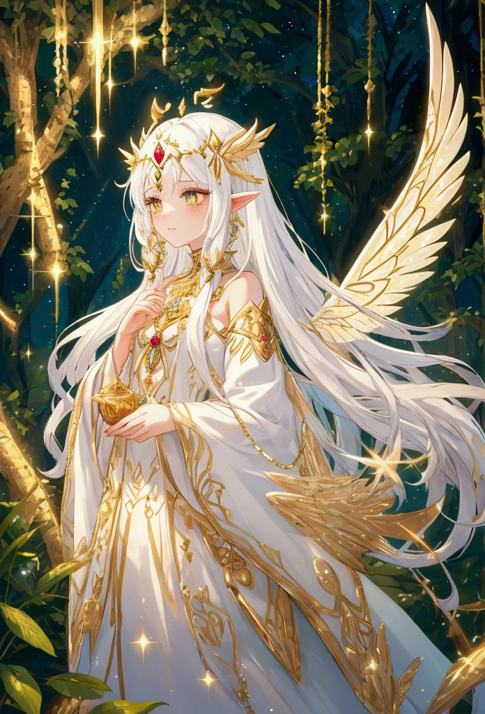 Fairy girl, long white hair, gold facial tribal marks, white tribal clothes, golden jewelry, fairy wings, sparkling wings, (dusk) lush forest, flying, golden sparkles coming from wings, fantasy, enchanting, whimsical.