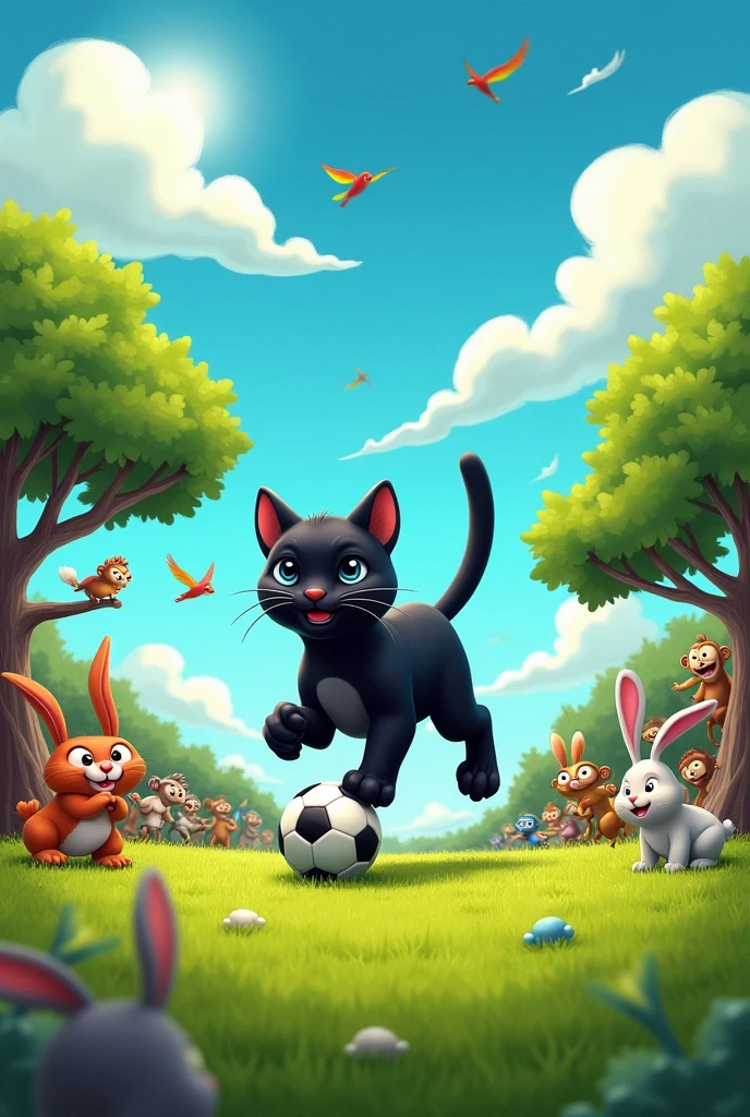 A black puma playing soccer on a field with many animals around