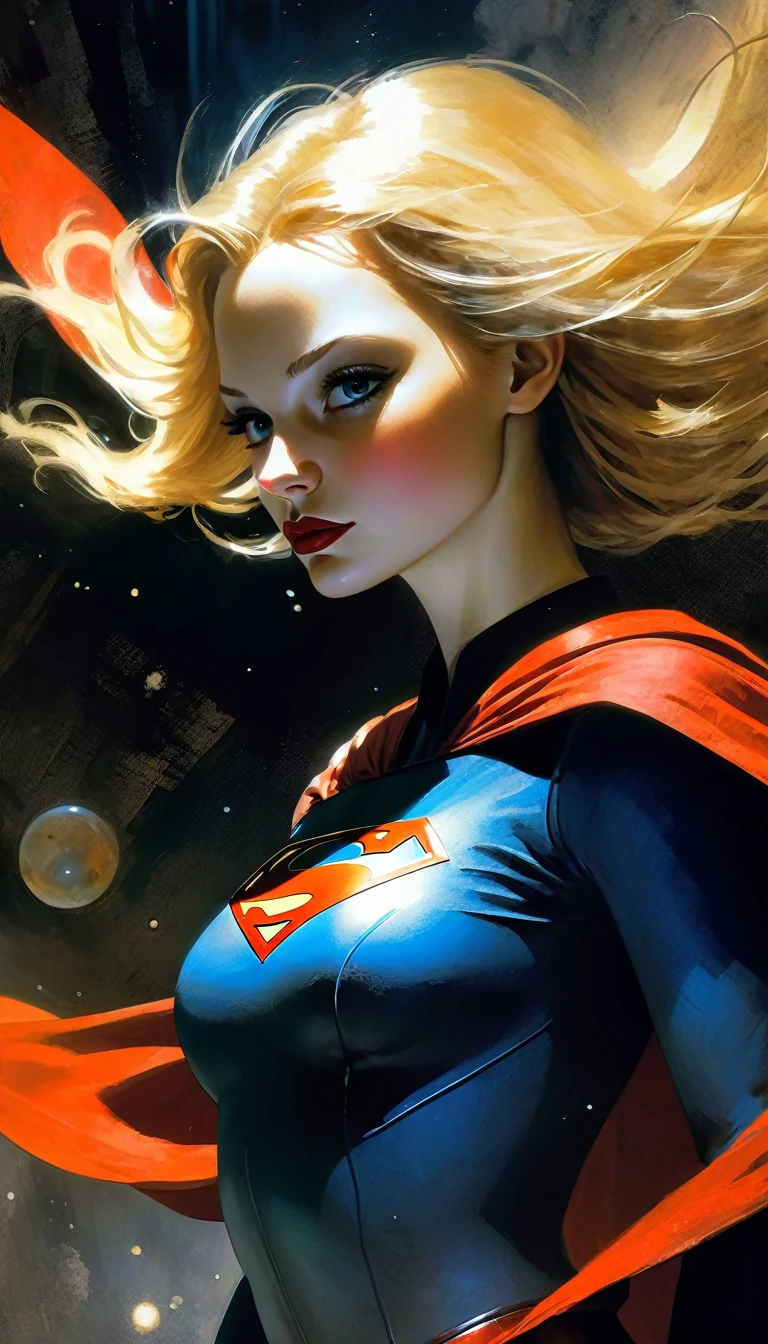 (Supergirl amazingly flies through outer space), miniskirt, full suit, perfect ass, galaxies all around you. dynamic pose ((she has blonde hair, she has long hair)), perfect ass (best quality, 4k, 8k, high resolution, masterpiece: 1.2)eroticism, sexy, black and white image, between shadows, oil painting, chiaroscuro, sensual, dramatic lighting, moody atmosphere, photorealistic, intricate details, masterpiece, ultra-detailed, high quality, 8k, best quality, realistic, cinematic, dark and brooding, expressionistic, powerful composition, emotional impact, art inspired by Bill Sienkiewicz and Dave McKean, ultra detailed, (realistic, photorealistic, photorealistic: 1.37), intricate details, vivid colors, sharp focus, professional, artwork by Dave McKean, surrealism touch oil, oil painting style, portrait, woman, beautiful detailed eyes, beautiful detailed lips, dreamy atmosphere, shadow play, soft lighting, fun pose, dark tones, ethereal background, fantasy elements, texture, layered composition ,, art inspired by Bill Sienkiewicz and Dave McKean
