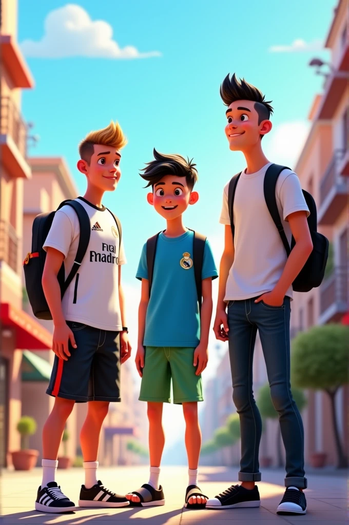 LnF desenho com estilo da Disney Pixar. three friends, all men, black, teenagers. LnF, the lowest, veste uma white shirt do Real Madrid, black denim shorts and black shoes with cell phone in hand, he has very short hair. lain, the tallest of the three, wear a blue shirt, green shorts and slippers, headphones and short black hair. The last, is the intermediate of heights, wear more formal clothes, white shirt, jeans and black shoes, backpack on the back and gradient hair. They are all looking forward