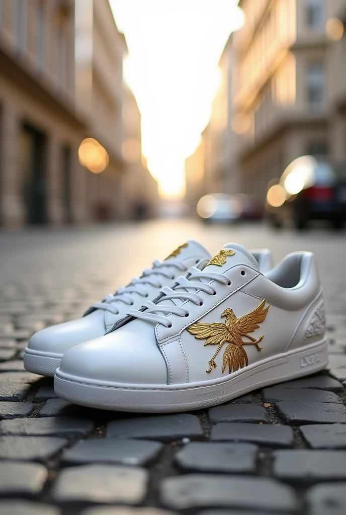 Create a casual tennis shoe all white with the logo being a phoenix