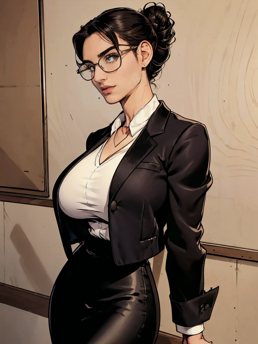 Gorgeous and sultry busty athletic (thin) brunette with sharp facial features and a (large nose) and (huge boobs) wearing a black blazer, white blouse and black pencil skirt, glasses, updo