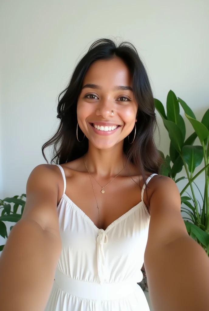 A cute 20 years old indian girl , taking selfie , rough dry face skin , sexy and hot , in white dress , full body view , white wall background with green plants