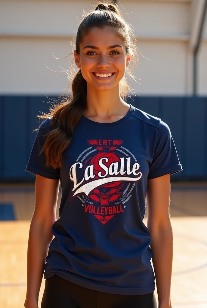 A volleyball t-shirt with the La Salle logo design in navy blue and red colors for women
