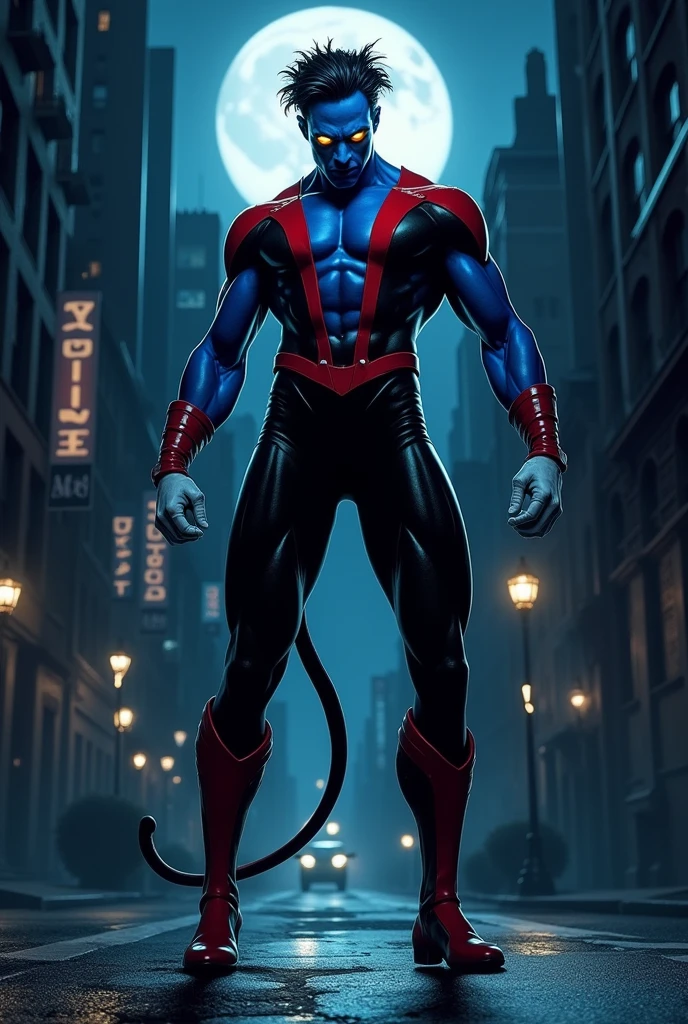 Nightcrawler from X-men with defined physique and blue skin, bright yellow eyes with black uniform with red details and white gloves , with tail