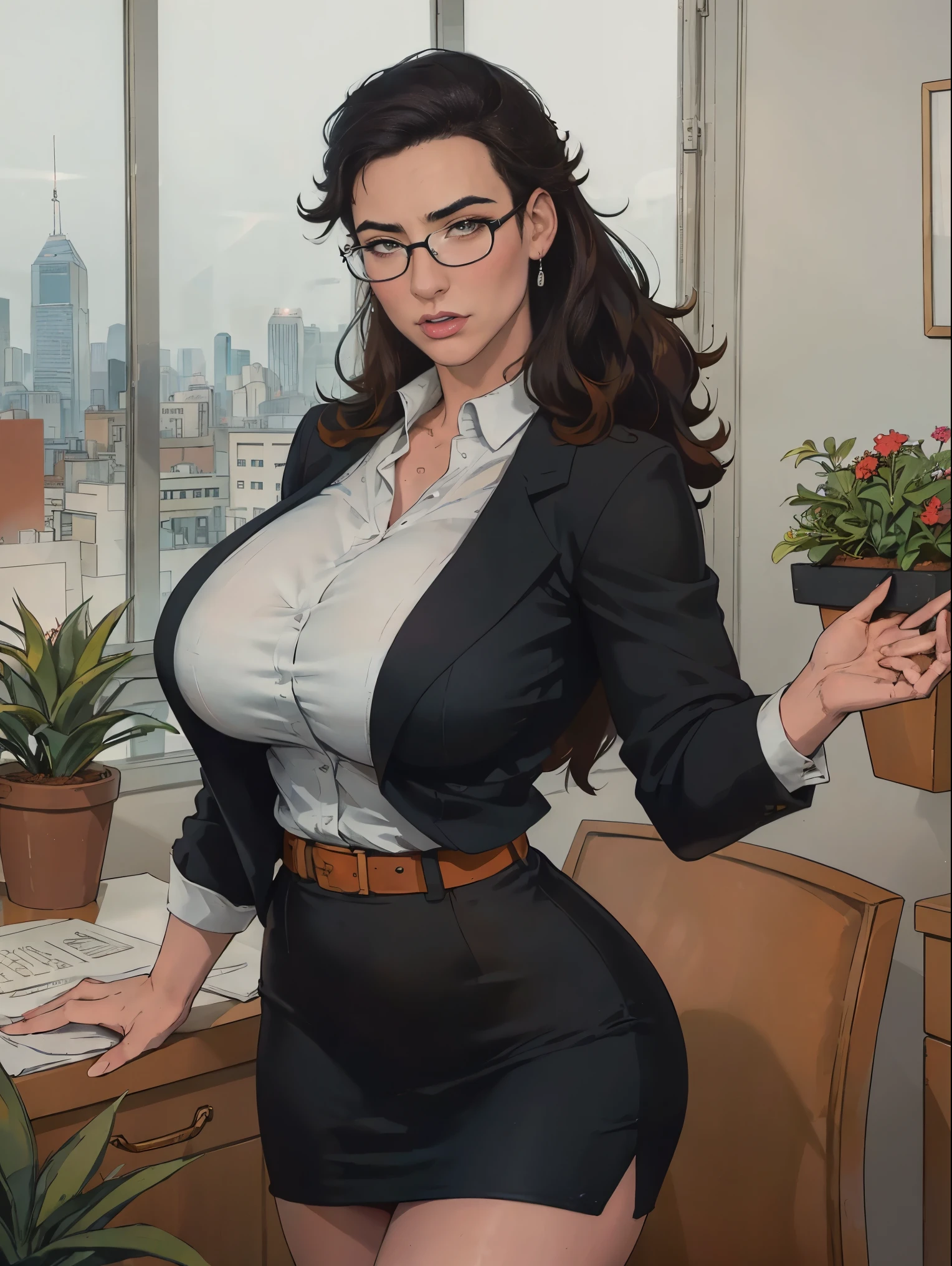 Gorgeous and sultry busty athletic (thin) brunette with sharp facial features and a (large nose) and (huge boobs) wearing a black blazer, white blouse and black pencil skirt, glasses, updo.  Office, windows, cubicles, desks, potted plants, city background.