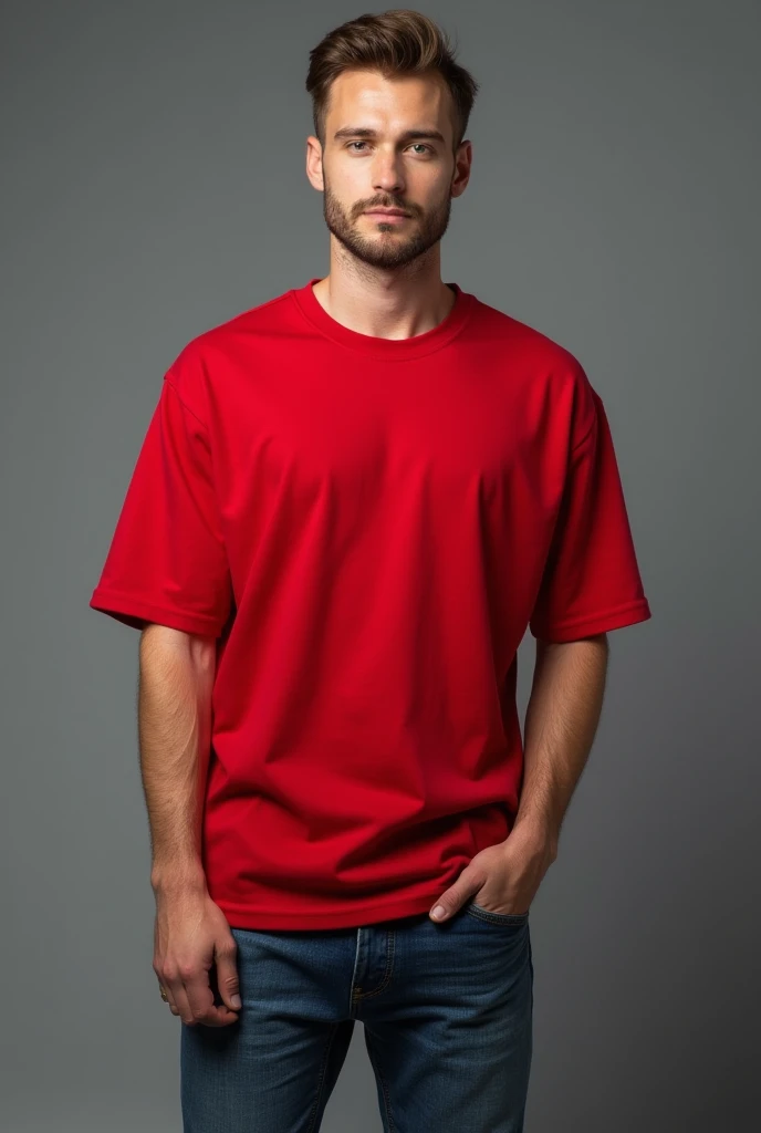 Handsome man, standing straight facing in front, wearing red colour oversized t-shirt, denim pants, against greyish background, cotton texture of t-shirt, oversized tshirt,round neck, half sleeves. Cotton texture of t-shirt should be visible little bit.
