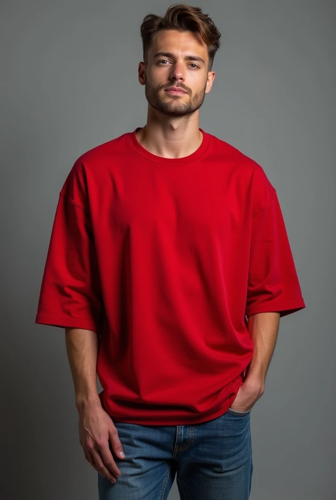 Handsome man, standing straight facing in front, wearing red colour oversized t-shirt, denim pants, against greyish background, cotton texture of t-shirt, oversized tshirt,round neck, half sleeves. Cotton texture of t-shirt should be visible little bit.