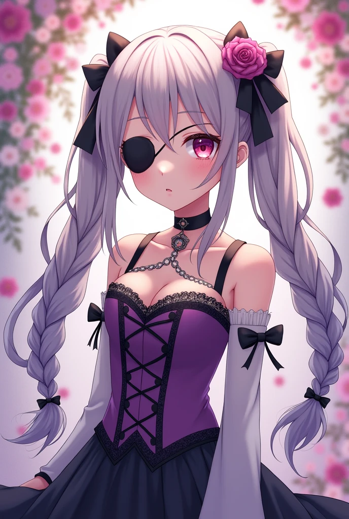 A long greyish purple hair mixed with greyish  om the lowered tips of her hair two long pigtails lowered down with 4 strands of hair on her face with pink small, gentle, pretty eyes, Purple corset with a black collar and black necklace connected to each other, Black skirt with black unconnected sleeves, black eye patch, two black ribbons on each braided rear hair girl anime girl