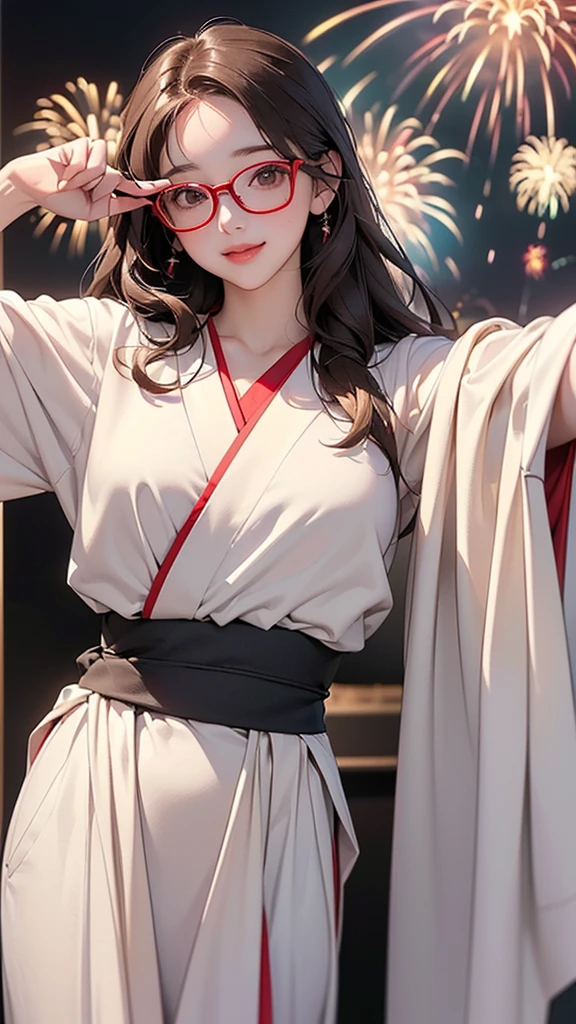 One Girl(High resolution, masterpiece, accurate, Anatomically correct), ((Landscape、Wearing glasses、A happy look、Slightly red cheeks))(((A pose with the waist bent forward:1.30、looking at the camera、Selfie)))、(Light Hair、Brown eyes、Straight hair)、((yukata))((festival、firework))、Highest quality, Ultra high definition, High-resolution model