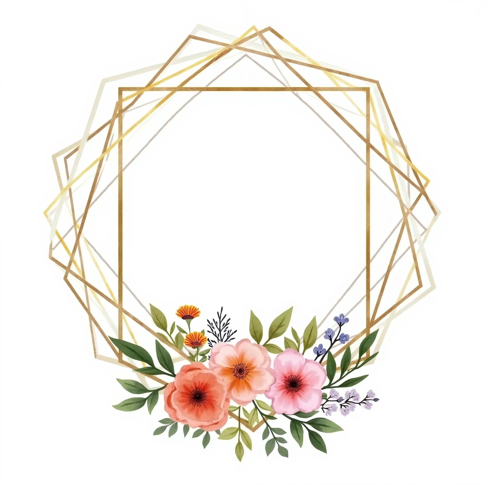 A stunning watercolor illustration of a floral bouquet encased within a geometric frame on a white background. The bouquet features a variety of colorful flowers, including roses, lilies, and daisies, with a delicate touch of watercolor shading. The geometric frame is composed of interlocking shapes, providing a modern and elegant touch to the wedding invitation design. The overall composition exudes a sense of sophistication and joy, perfectly suited for a special wedding celebration.