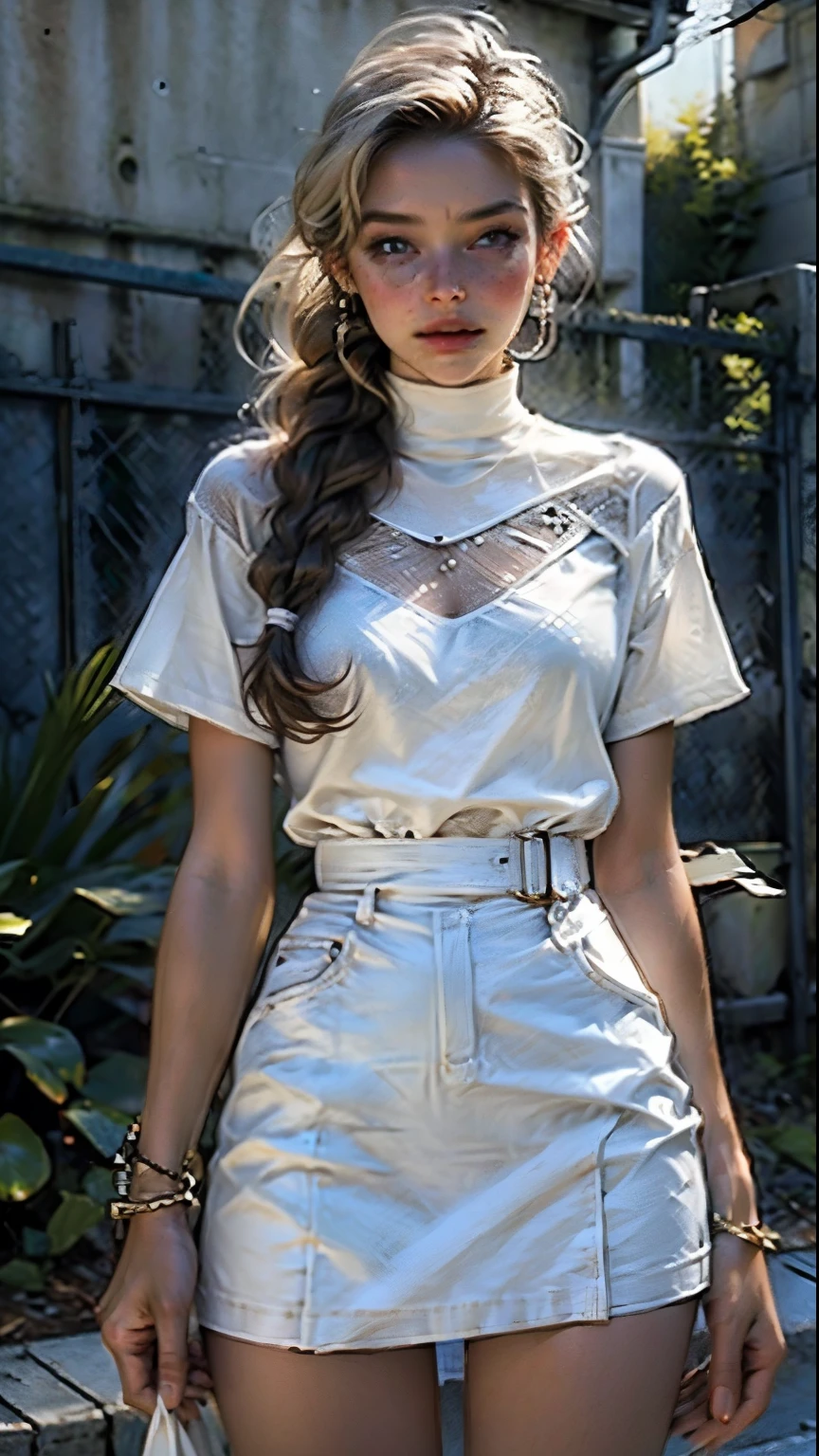 first work, High resolution, realist,, Woman in white shirt and brown skirt posing for a photo, vestido con una White T-shirt, dressed in a White T-shirt, wearing white shirt, wearing a white shirt, dressed in white shirt, woman with braided brown hair, Sophisticated young woman, White T-shirt, White T-shirt, White T-shirt, wearing a light shirt