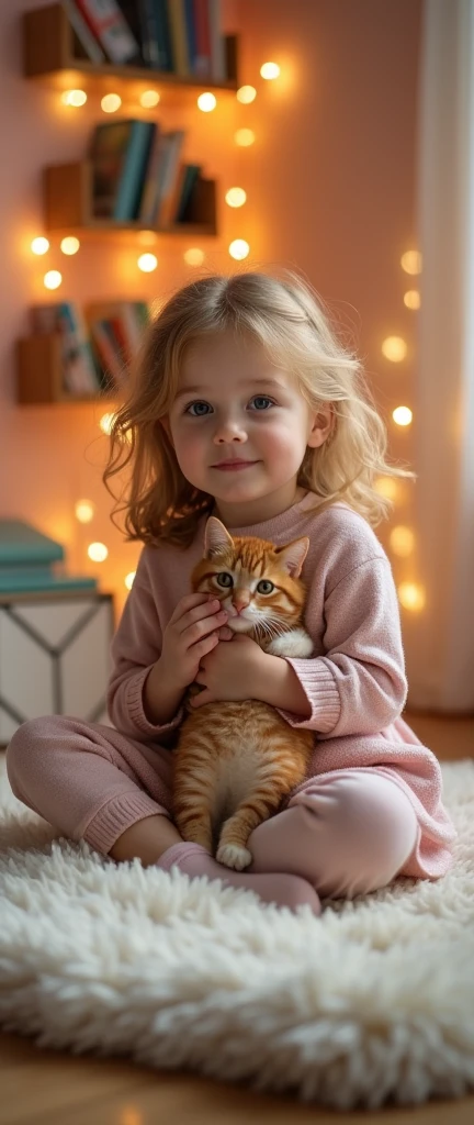 A 5 girl, beautiful fluffy cat, bidding, Idyllic, magic scene, beautiful room , (Best Quality, 4k, 8k, High resolution, masterpiece:1.2), ultra detailed, (realist, photorealist, photo-realist:1.37), warm lighting, vibrant colors, soft focus, Fairy tale, dreamer, cozy, adorable, Beautiful, Capricious, fancy, charming, sereno, peaceful, innocent, comforting, Imaginative