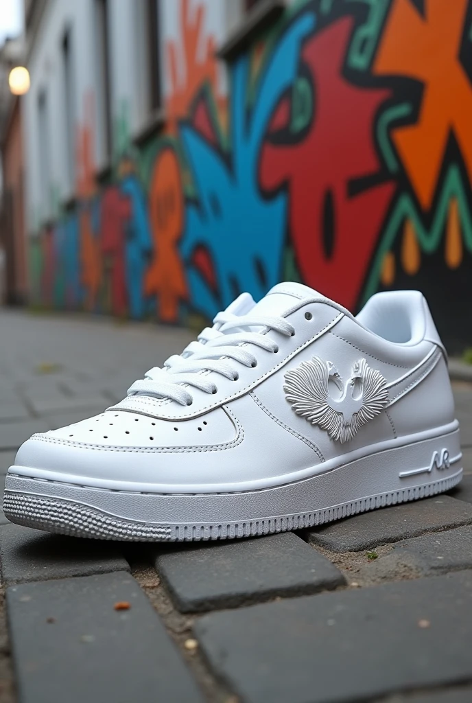 Create a casual tennis shoe all white with the logo being a phoenix