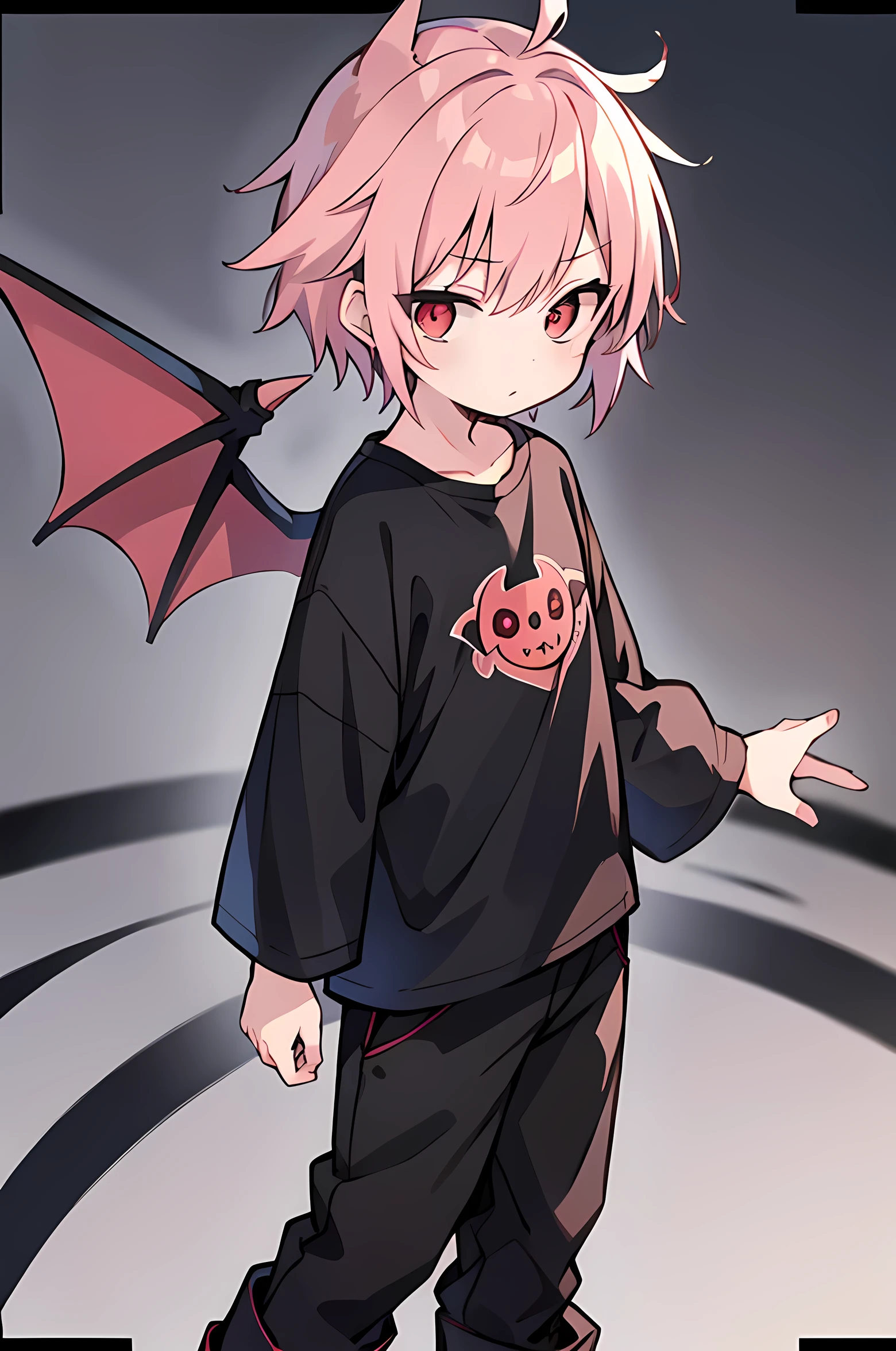 Vampire cute Boy, pink hair, red eyes, black t-shirt, black pants, black boots, bat wings, (masterpiece), best quality, expressive eyes, perfect face, 4k, hiperdetailed