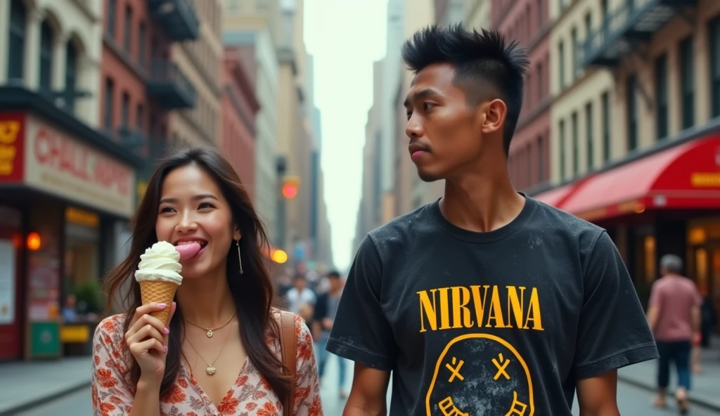 original photo. A young Indonesian man wearing a black Nirvana t-shirt. Walking beside him was a young American woman wearing casual clothes holding and licking an ice cream cone with her tongue sticking out. atmosphere. New York City. Ultra-realistic 8K photo, taken with Leica Q2, strong color contrast and sharp clarity --ar 9:16 --quality 2 --