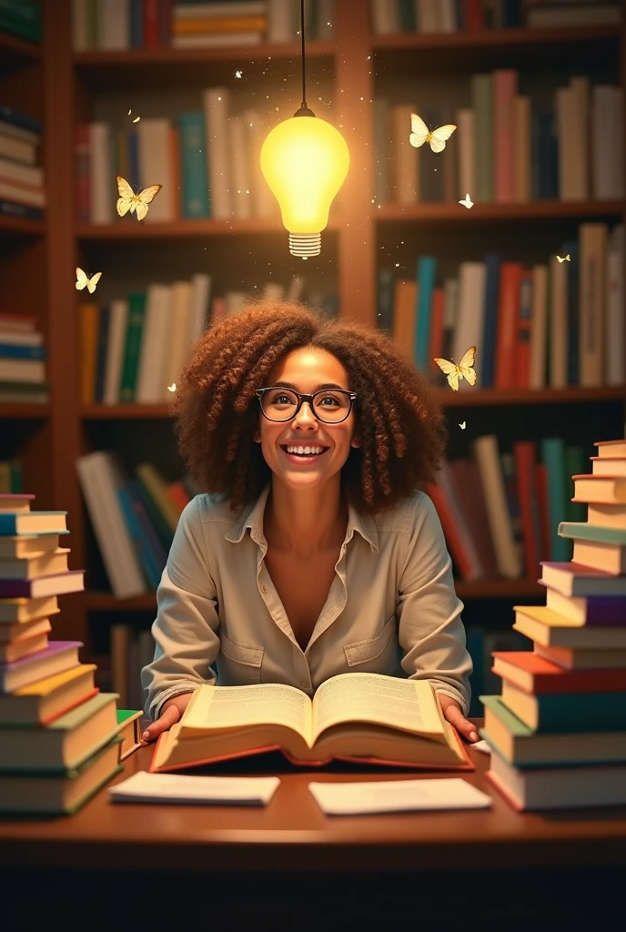 Image of a person with a lightbulb moment, surrounded by books and notes.
