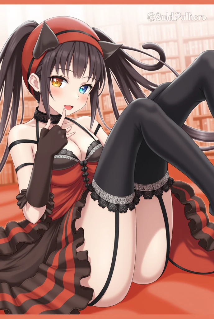 ((best quality)), ((masterpiece)), (detailed), ((highres)), In lavish manor library, extremely long white hair. Fluffy black cat ears (on head). Long black cat tail (on butt), 1catgirl, 20 year old, curvy body, naked. Heterochromatic eyes (one blue eye, one purple eye). No shoes, white leggings, nude, no clothes, anime, short, provocative, white lewd dress