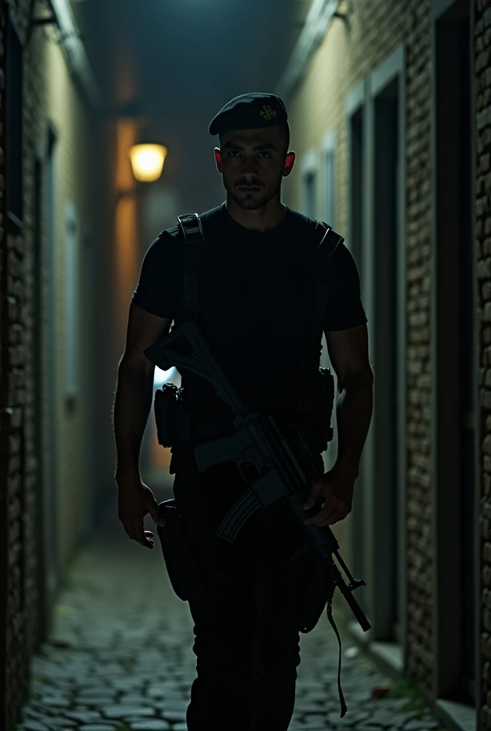 {{{masterpiece}}}, {{detailed}}, {detailed background}, {best quality}, high quality, high-definition, 4K, lights, glares, {detailed eyes}, a brazilian military man with short hair, with a black beret covering part of one of his eyes, wearing a black military uniform and a high-caliber weapon in his hands, walking down an alley on a dark night, with a straight face.