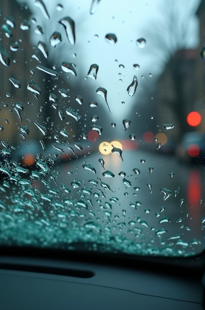 Can you generate an image for me, where you can see the car windshield, which is broken and the focus is on what is broken? The background should then be blurred and drops should hang on the glass fragments. 