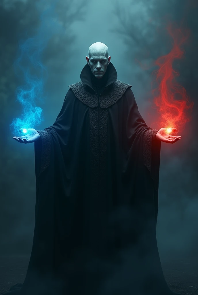 Create a character with a mysterious air holding a blue pill in his right hand and a red pill in his left hand he has to have his arms stretched out