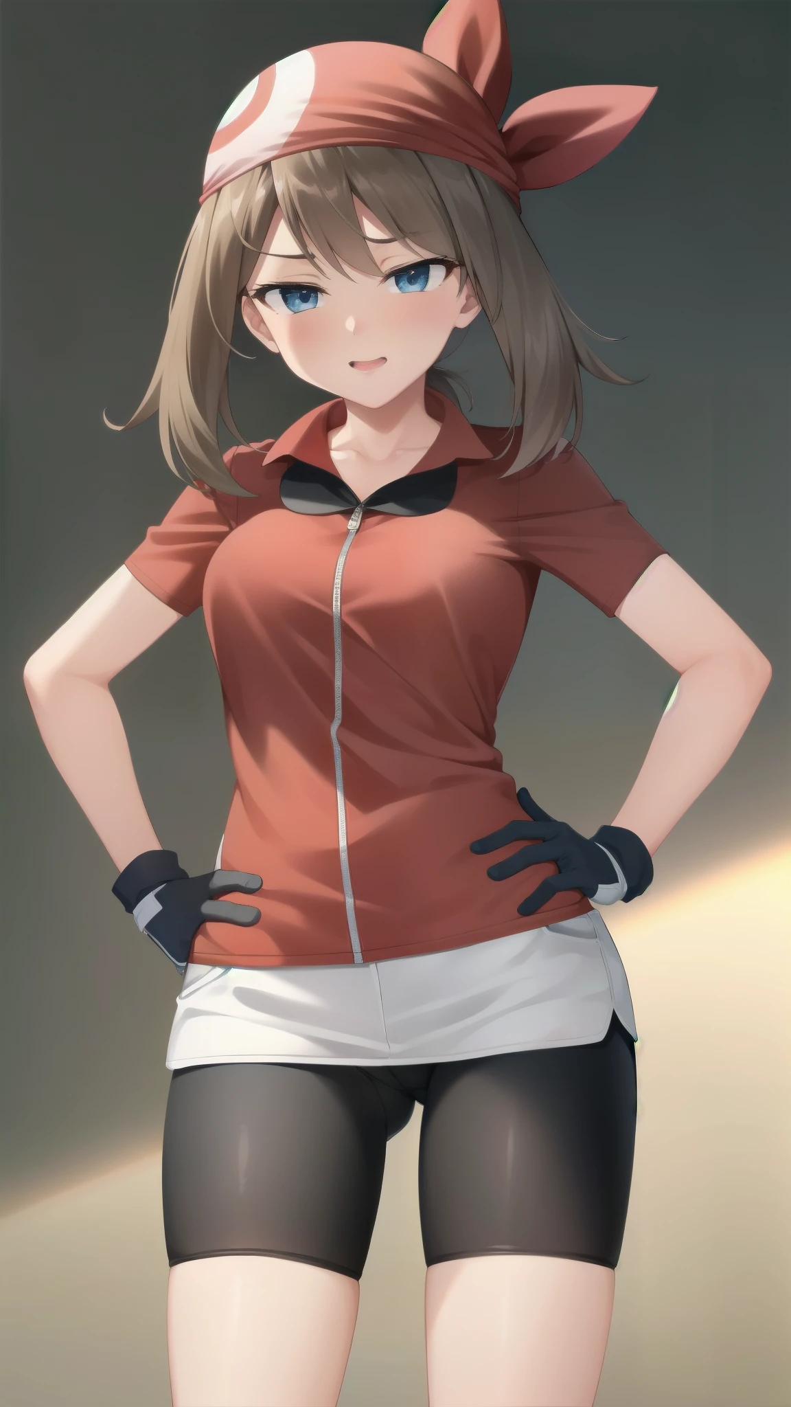 8k,Super Detailed Game CG, (High resolution:1.1),(absurdes:1.1), highest quality, 超High resolution, highest resolution, very detailed, One person, May, shirt, bike Shorts, bandana, red shirt, hair band, Medium Hair, gloves, Shorts, bow hair band, No sleeve, red bandana
 hands on hips, (pussy line),mesugaki,