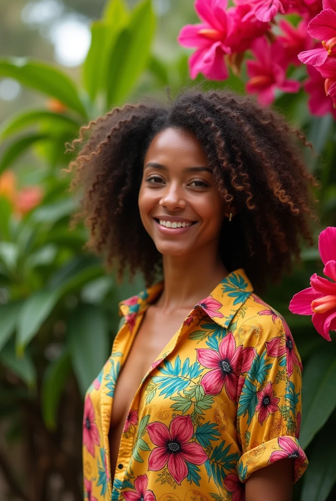 A Brazilian woman in a lush tropical garden, wearing an open shirt with a floral print, with a close-up capturing the harmonious beauty between her breasts and the natural flowers, showing off your natural charm and outgoing personality.