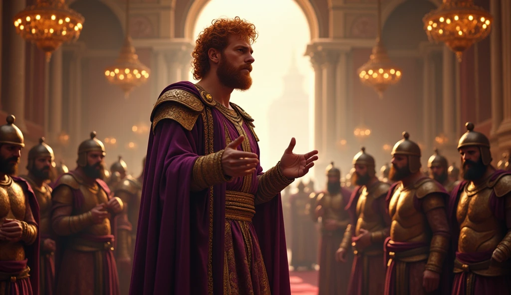 biblical history: King David, a red-haired man, is in his palace talking to his soldiers.