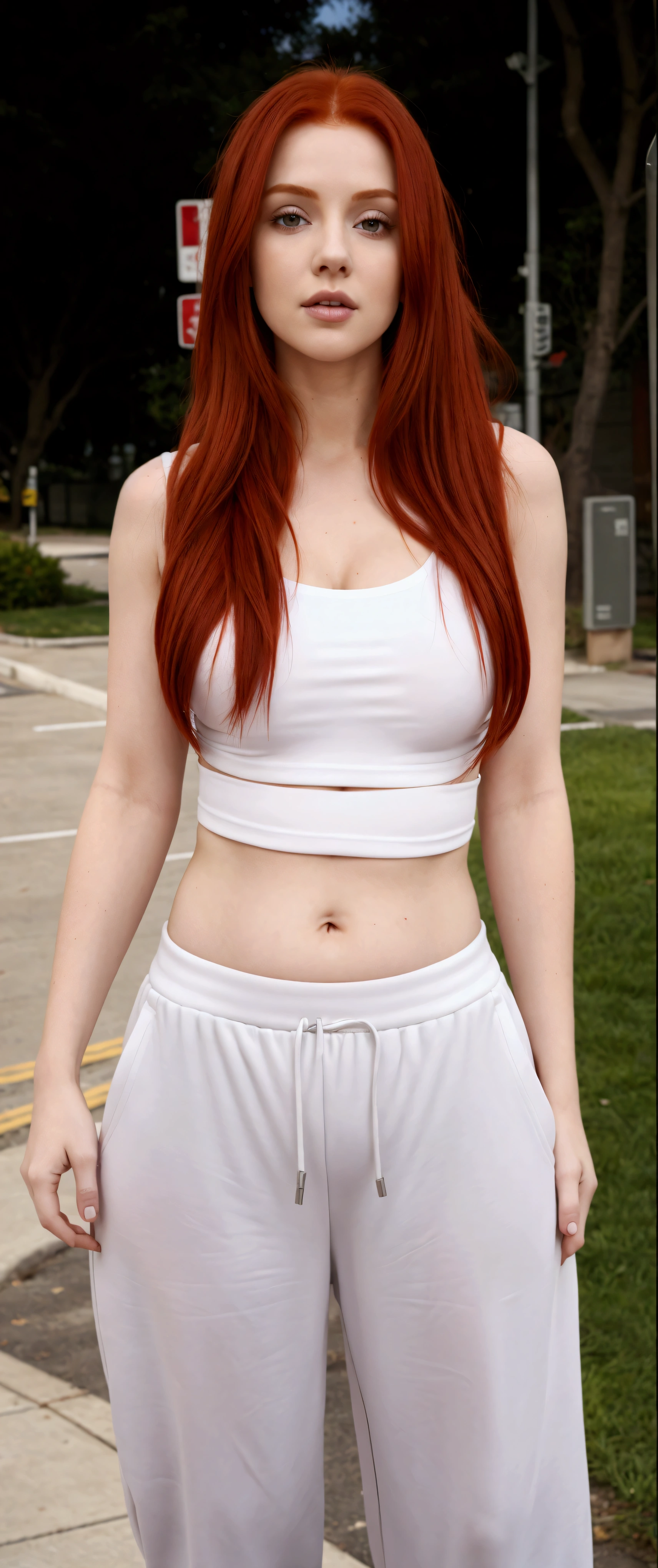 a red-haired woman wearing a basic white blouse and gray sweatpants standing on a sidewalk, her belly button is exposed, flat-chested, navel showing, wearing a sexy crop top and sweatpants, exposed belly, Waist slender, beautiful belly, wearing a short top, nude belly