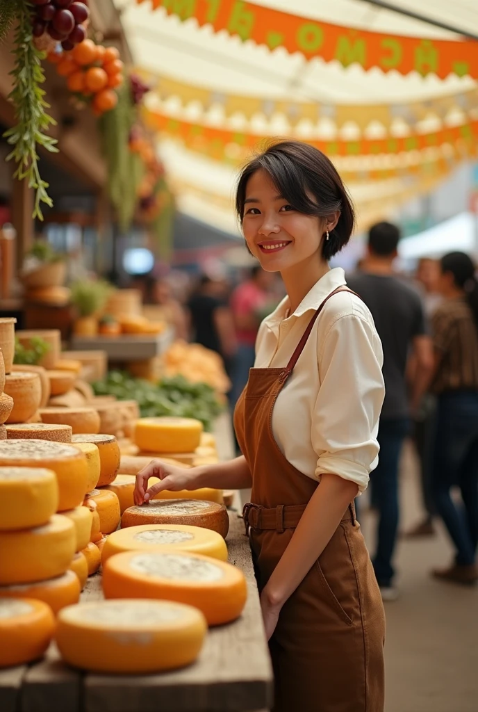 Thin woman with white skin and short hair dressed as a teacher selling cheese