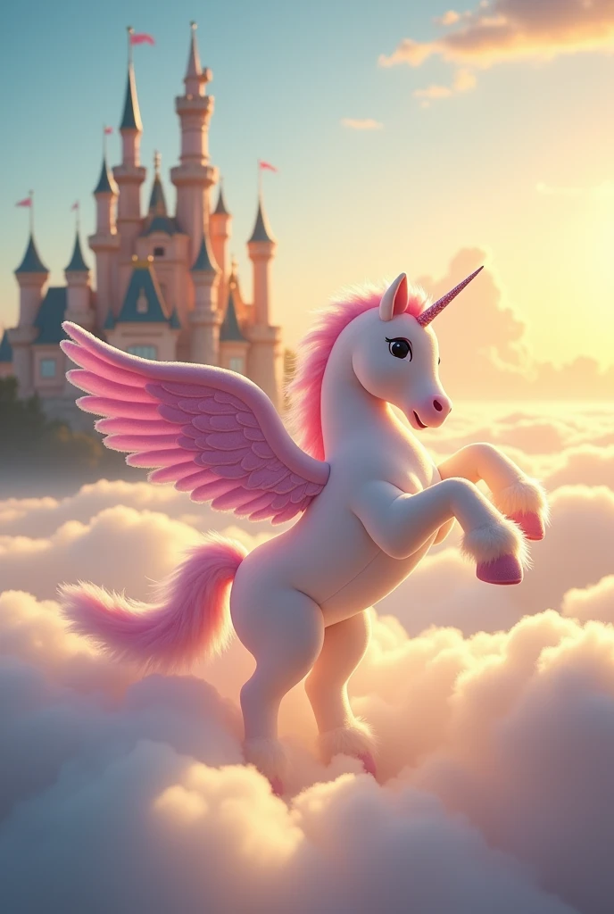 
a unicorn plush neighing with wings spread across the sky with lots of light, White clouds and in the background an enchanted castle that stands out with light